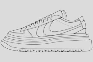 vector de dibujo de contorno de zapatillas de deporte, zapatillas dibujadas en un estilo de boceto, contorno de plantilla de zapatillas de deporte de línea negra, ilustración vectorial.