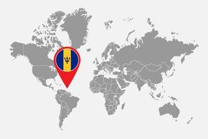 pin mapa con bandera de barbados en el mapa mundial. ilustración vectorial vector