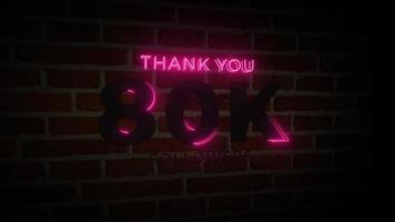 merci 80k followers enseigne lumineuse au néon réaliste sur l'animation du mur de briques