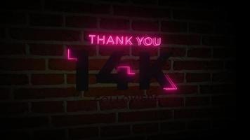 merci 14k followers enseigne lumineuse au néon réaliste sur l'animation du mur de briques