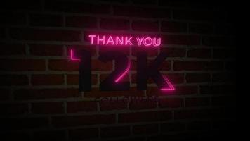 merci 12k followers enseigne lumineuse au néon réaliste sur l'animation du mur de briques