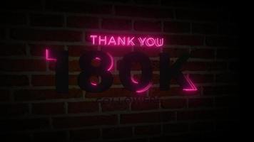 merci 180 000 abonnés enseigne lumineuse au néon réaliste sur l'animation du mur de briques