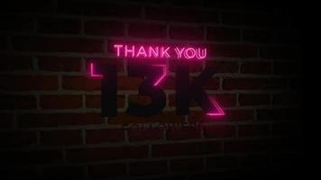 merci 13k followers enseigne lumineuse au néon réaliste sur l'animation du mur de briques