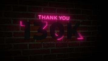 merci 130 000 abonnés enseigne lumineuse au néon réaliste sur l'animation du mur de briques