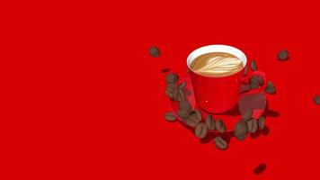 xícara de café vermelho brilhante e grãos caindo no fundo vermelho renderização dinâmica em 3d, fundo de amantes de café, espaço em branco no lado esquerdo para colocar qualquer informação