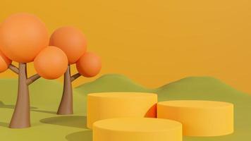 Autumn background, Concept product presentation podium with hill and tree on orange background. 3d rendering photo