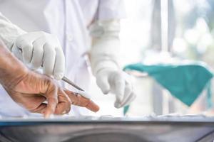 un médico vestido de blanco, con guantes blancos antigérmenes, está limpiando la herida en el dedo de una persona causada por un cuchillo cortado foto