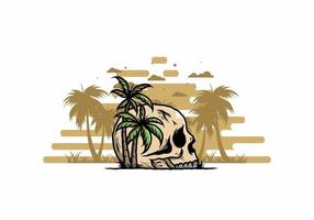 Skull head under coconut trees illustration vector