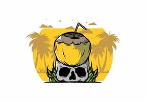 Coconut drink on human skull illustration vector