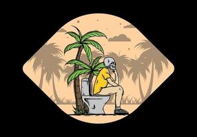Skeleton man sit on outdoor toilet illustration vector