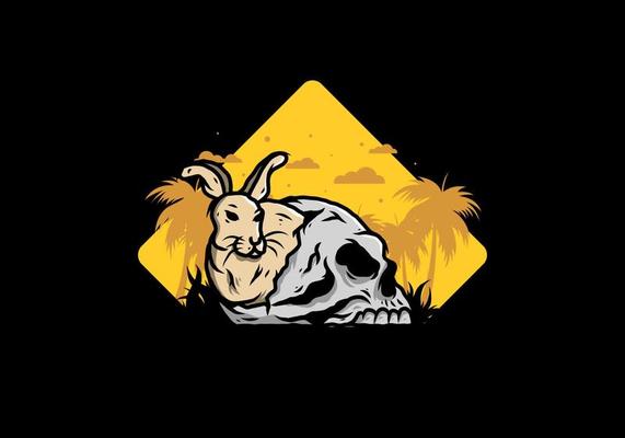 Rabbit hiding inside human skull illustration