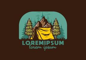 Camping tent in front of the mountain and between pine trees vector