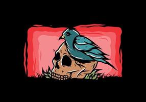 Bird nesting in skull illustration vector