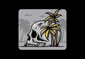 Skull head under coconut trees illustration vector