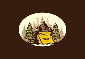 Camping tent in front of the mountain and between pine trees vector