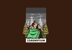 Camping tent in front of the mountain and between pine trees vector