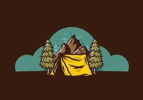 Camping tent in front of the mountain and between pine trees vector