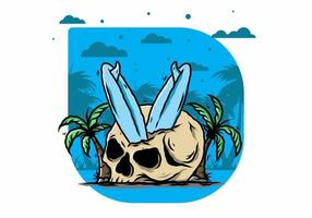 Surfing board stuck in human skull illustration vector