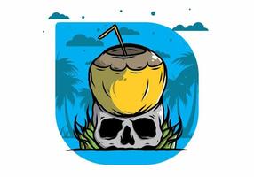 Coconut drink on human skull illustration vector