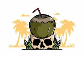 Coconut drink on human skull illustration vector