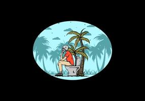 Skeleton man sit on outdoor toilet illustration vector