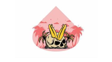 Surfing board stuck in human skull illustration vector