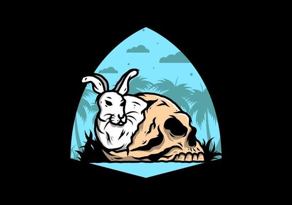 Rabbit hiding inside human skull illustration