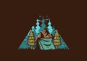 Camping tent in front of the mountain and between pine trees vector