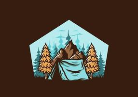 Camping tent in front of the mountain and between pine trees vector