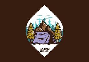 Camping tent in front of the mountain and between pine trees vector