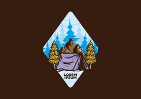 Camping tent in front of the mountain and between pine trees vector