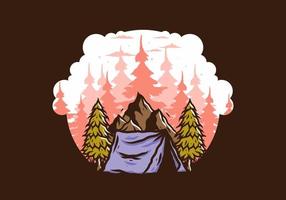 Camping tent in front of the mountain and between pine trees vector