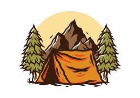 Camping tent in front of the mountain and between pine trees vector