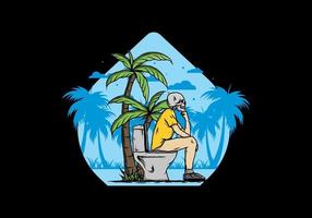 Skeleton man sit on outdoor toilet illustration vector