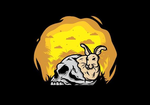Rabbit hiding inside human skull illustration