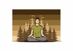 ilustración de alguien haciendo yoga y meditando al aire libre en un bosque en la naturaleza entre pinos vector