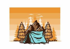 Camping tent in front of the mountain and between pine trees vector