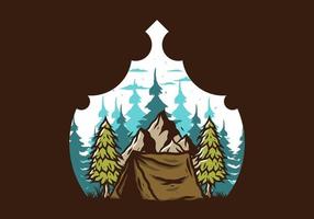 Camping tent in front of the mountain and between pine trees vector