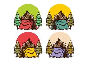 Camping tent in front of the mountain and between pine trees vector