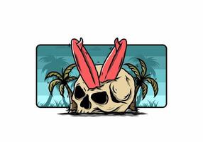 Surfing board stuck in human skull illustration vector