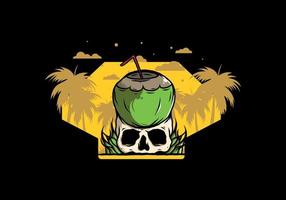 Coconut drink on human skull illustration vector