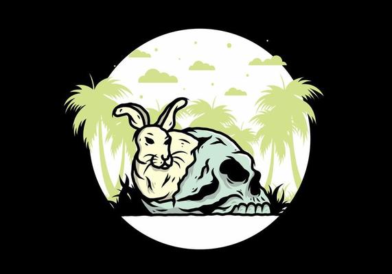 Rabbit hiding inside human skull illustration