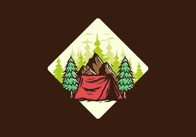 Camping tent in front of the mountain and between pine trees vector