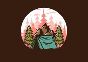 Camping tent in front of the mountain and between pine trees vector