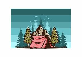 Camping tent in front of the mountain and between pine trees vector