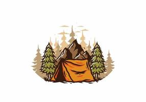 Camping tent in front of the mountain and between pine trees vector