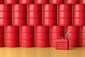 Red oil tank and plastic jerrycan canister on orange background, minimal background for energy concepts. 3d rendering photo