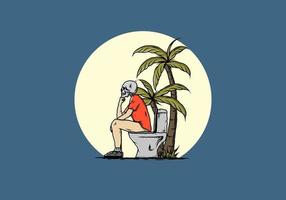 Skeleton man sit on outdoor toilet illustration vector