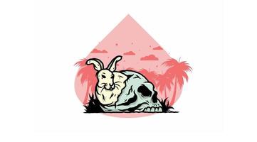 Rabbit hiding inside human skull illustration vector