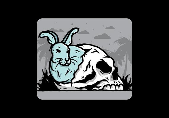 Rabbit hiding inside human skull illustration